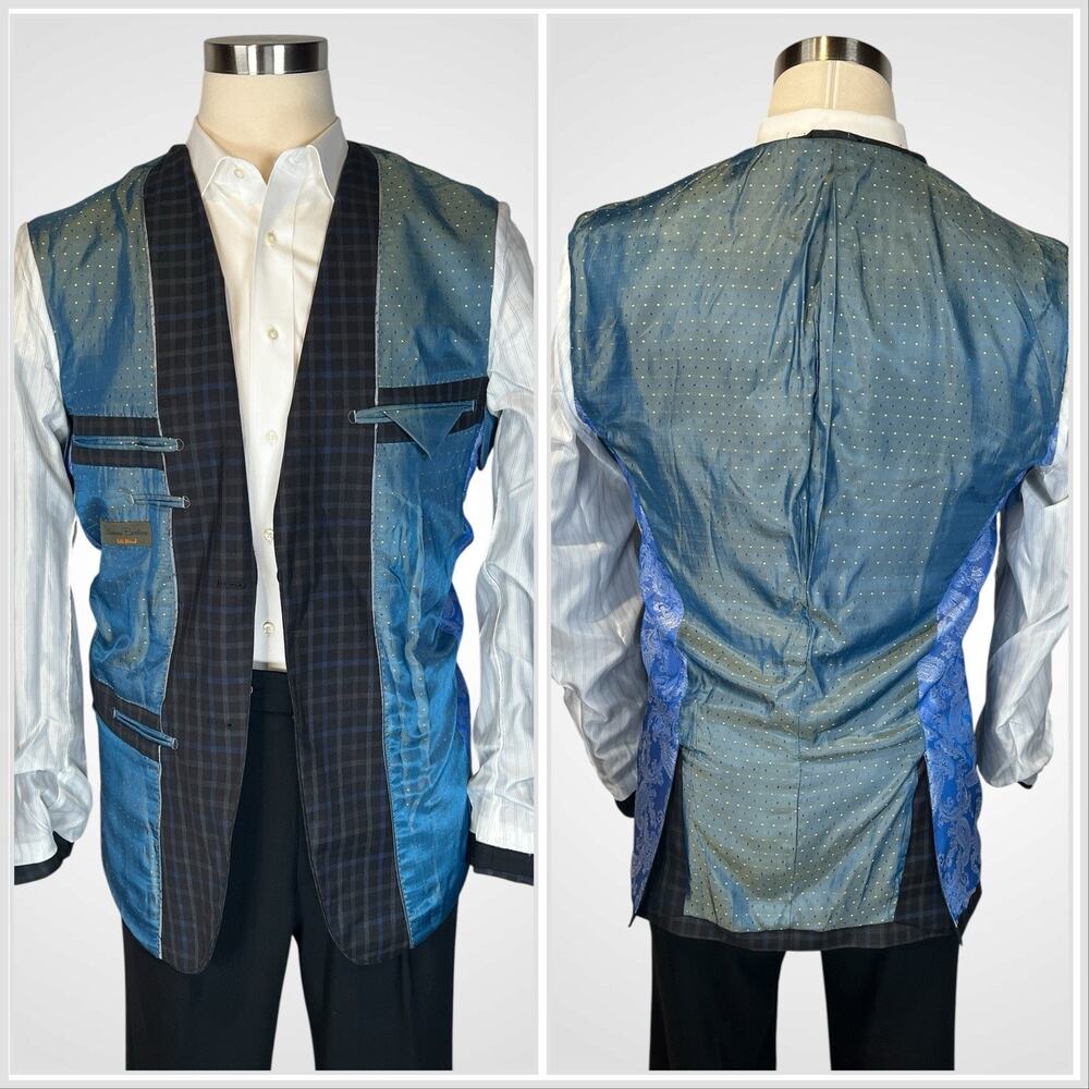 Antonio Cardinni 40L Blazer Wool Silk Blend Gray Blue Plaid - Picture 11 of 14